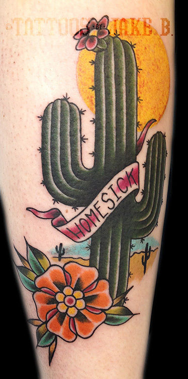 Home Sick Banner With Saguaro Cactus With Flowers Traditional Tattoo