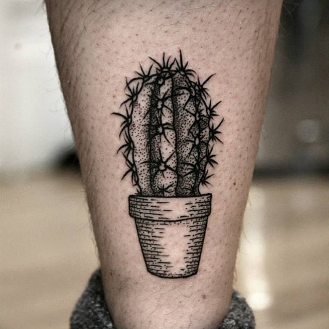 Impressive Dotwork Cactus In Pot Tattoo