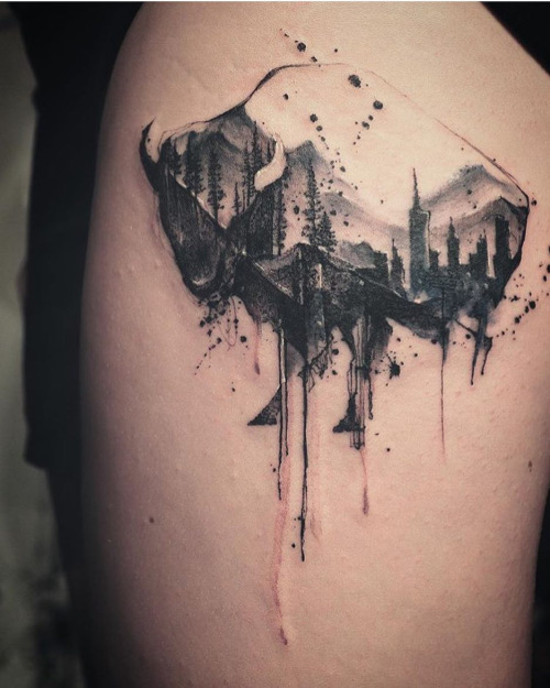 Incredible Black And Grey Mountains With Trees Watercolor Tattoo