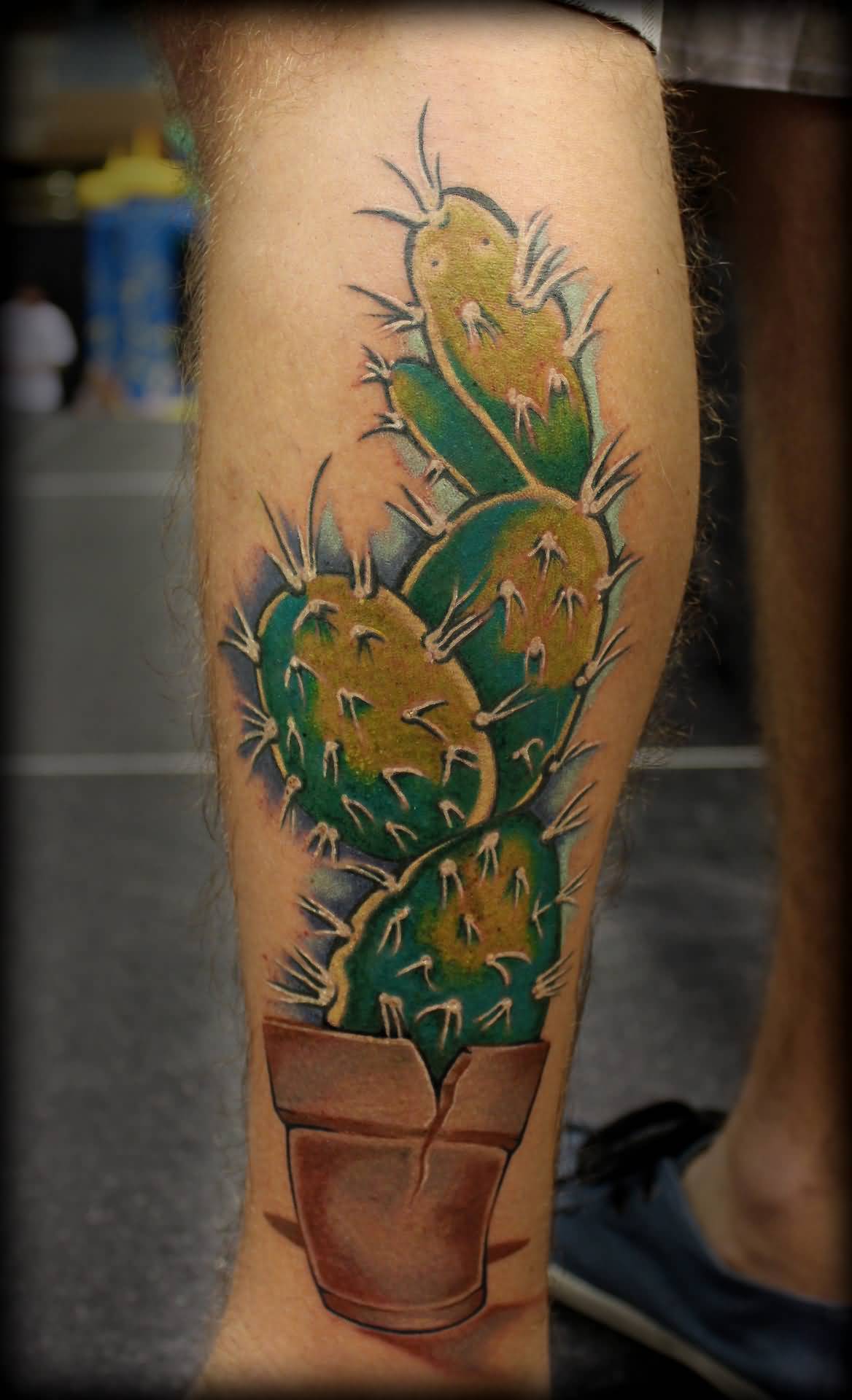Incredible Cactus In Broken Pot Tattoo On Leg