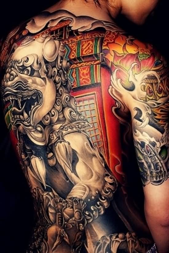 Incredible Foo Dog With Temple And Flower Tattoo On Full Back And Shoulder
