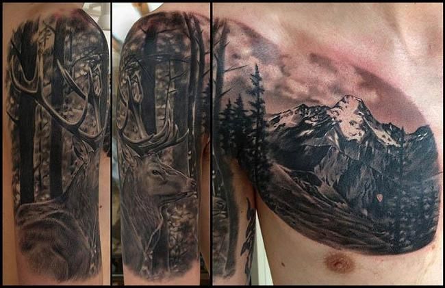 Incredible Mountains With Deer And Trees Tattoo On Half Sleeve And Chest