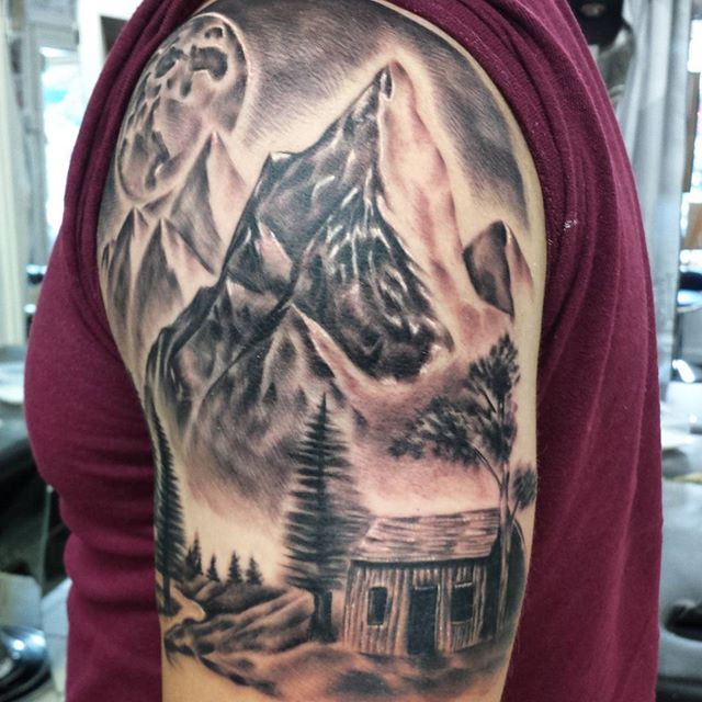 Incredible Mountains With House And Trees Tattoo On Half Sleeve