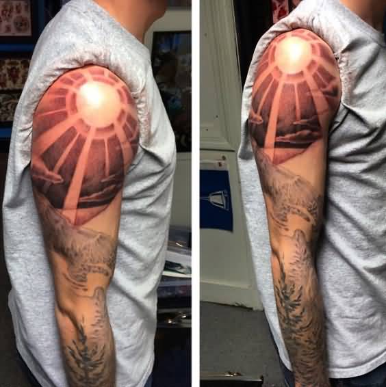 Incredible Mountains With Sun Tattoo On Full Sleeve