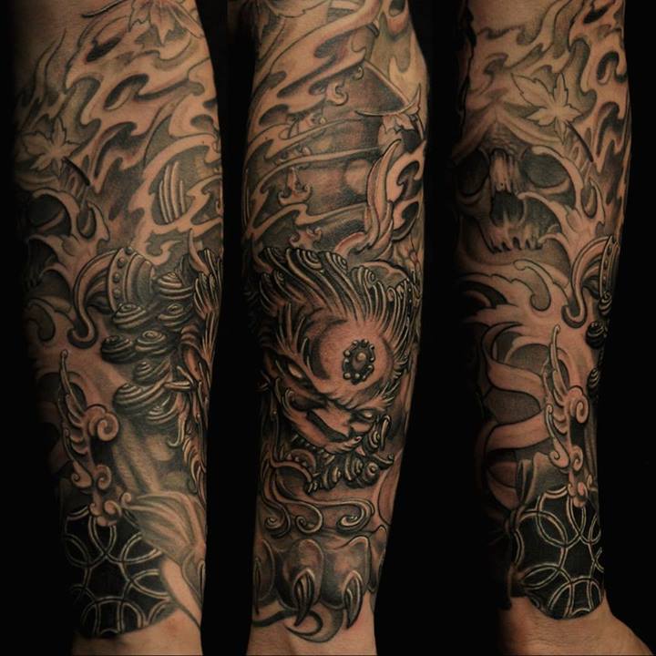 Incredible Realistic Foo Dog Tattoo On Full Sleeve