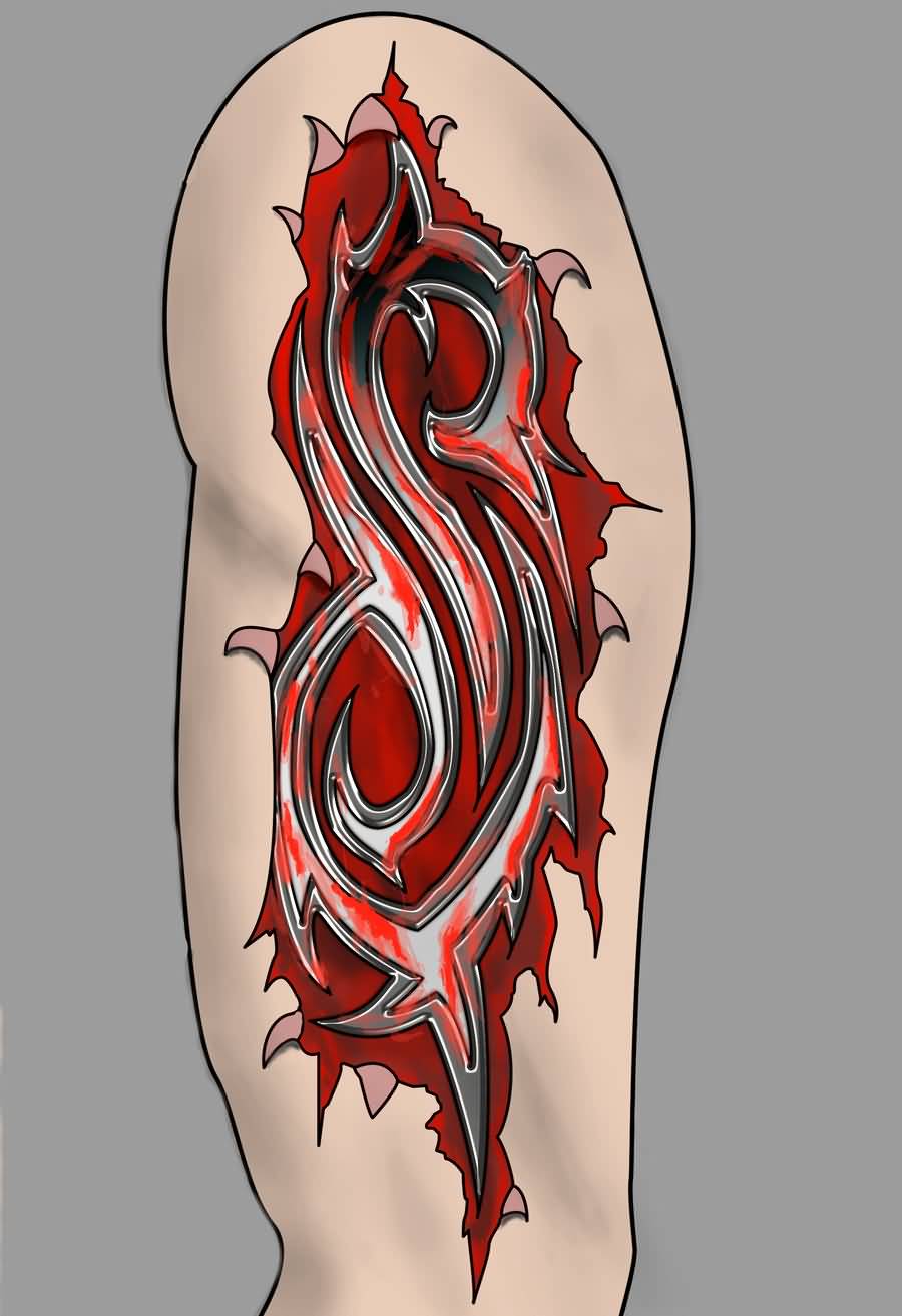 Incredible Slipknot Logo Ripped Skin Tattoo On Half Sleeve