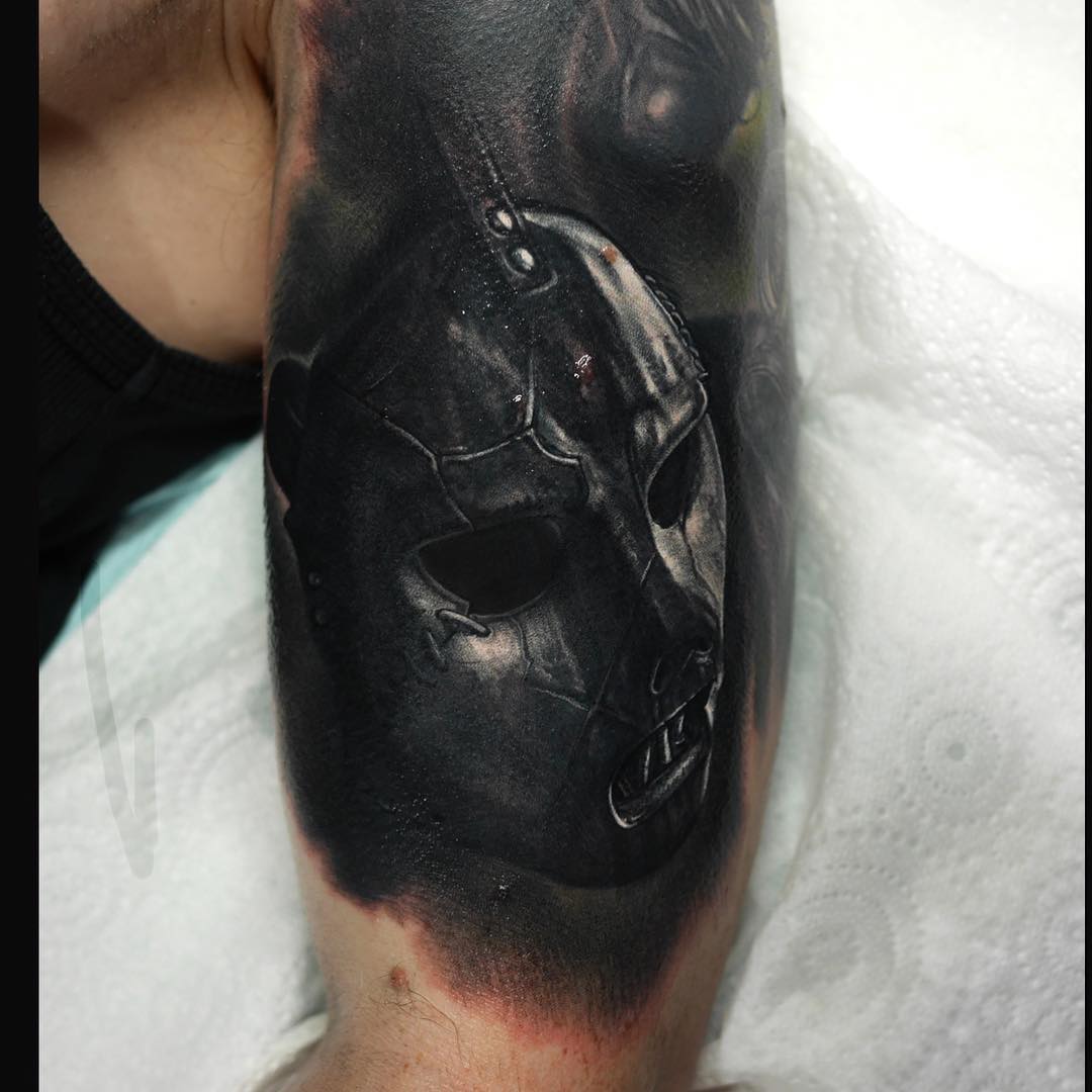 Incredible Slipknot Paul Grey Mask Tattoo On Half Sleeve
