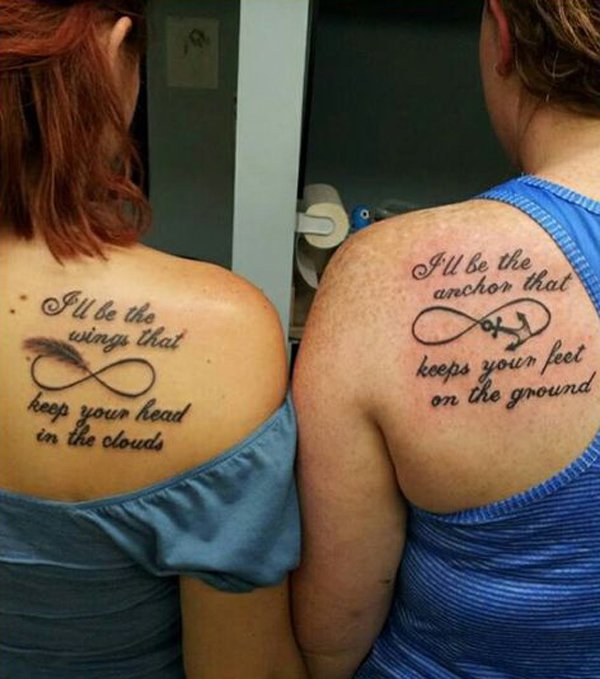 Infinity Feather And Anchor With Lettering Matching Tattoos On Shoulders