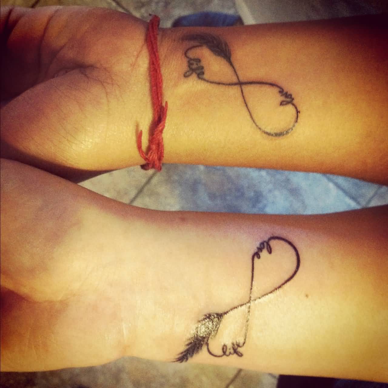 Infinity With Feather Matching Tattoos On Wrists
