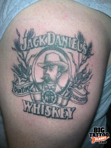 Jack Daniel Bottle Label With Portrait Tattoo On Right Shoulder