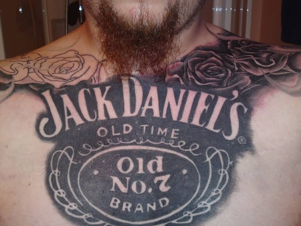 Jack Daniel Label Tattoo On Chest