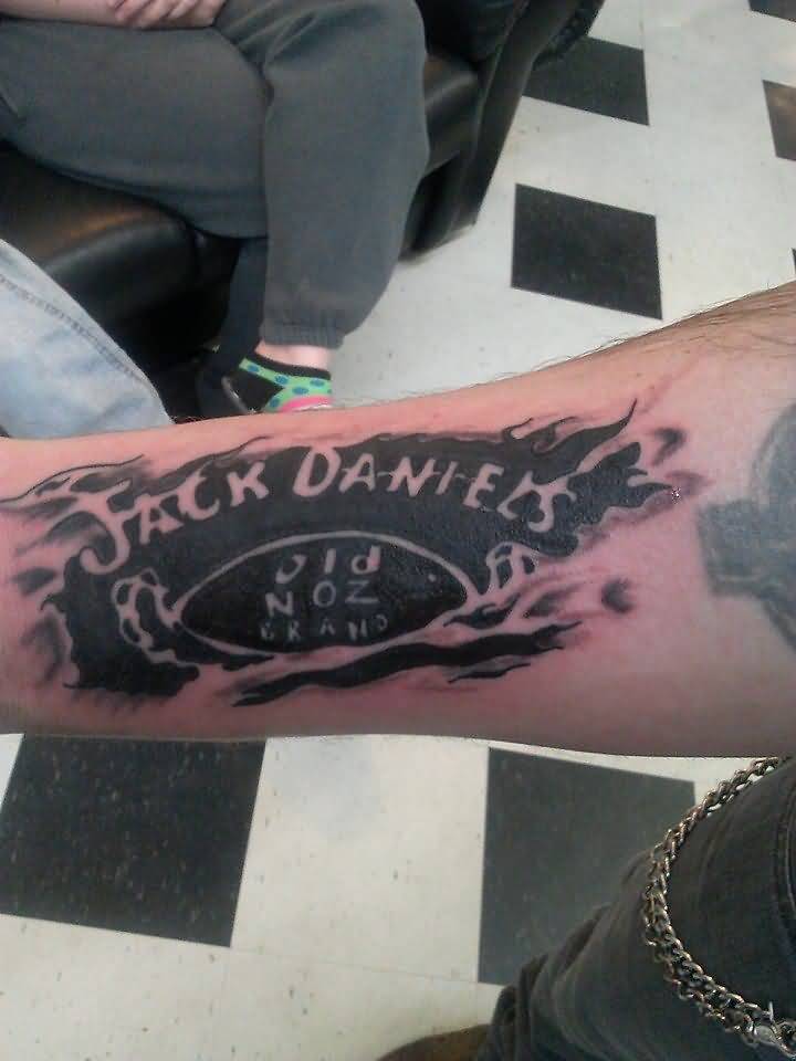 Jack Daniel Label Tattoo On Forearm