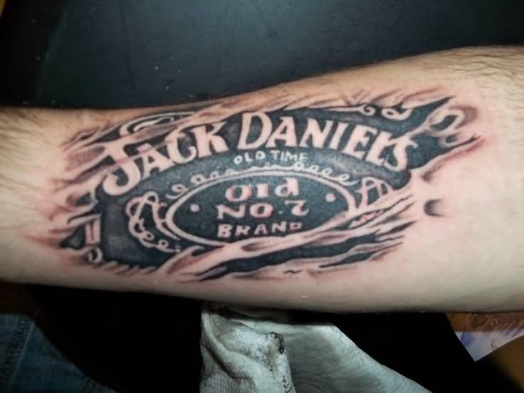 Jack Daniel Label With Flamings Tattoo On Arm Sleeve