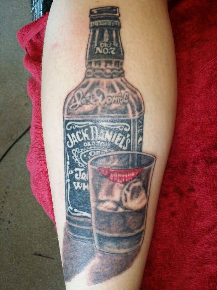 Jack Daniels Bottle And Glass With Shadow Tattoo On Half Sleeve