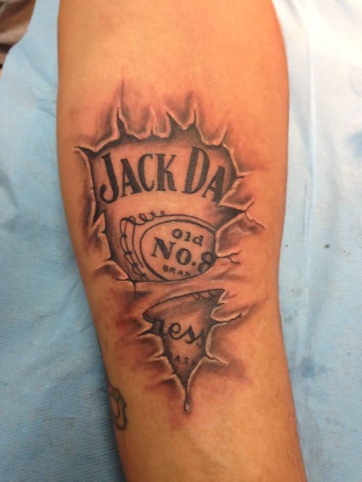 Jack Daniels Label Ripped Skin Tattoo On Half Sleeve