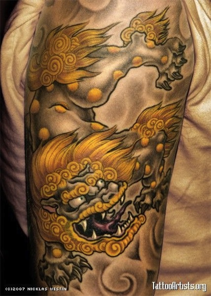 Japanese Angry Foo Dog Tattoo On Half Sleeve By Nicklas Westin