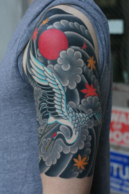 Japanese Crane Tattoo On Left Half Sleeve