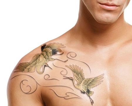 Japanese Crane Tattoos On Front Shoulder