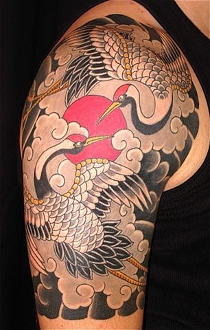 Japanese Crane Tattoos On Right Shoulder