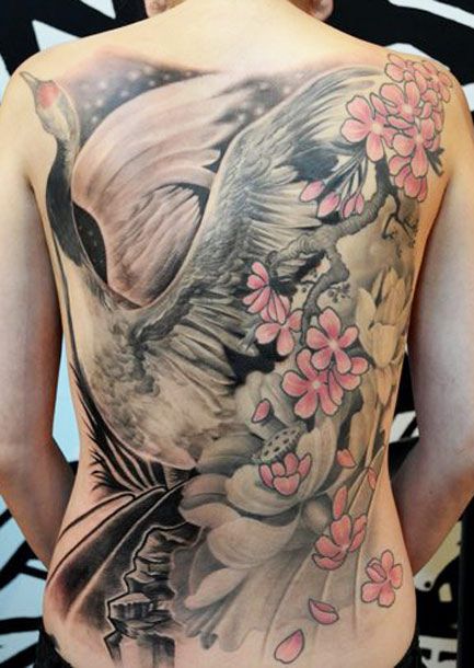 Japanese Flowers And Crane Tattoo On Full Back by Elvin Yong