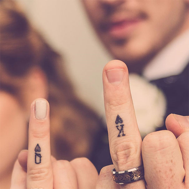 K And Q Words With Hearts Matching Couple Tattoos On Fingers