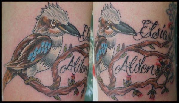 Kookaburra Standing On Tree Branch With Name Tattoo By Crazy Adam