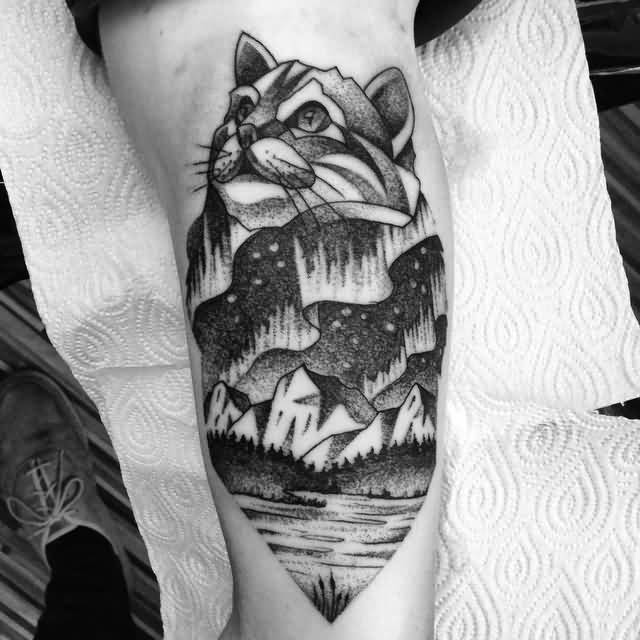 Landscape Mountains And Cat Tattoo On Half Sleeve