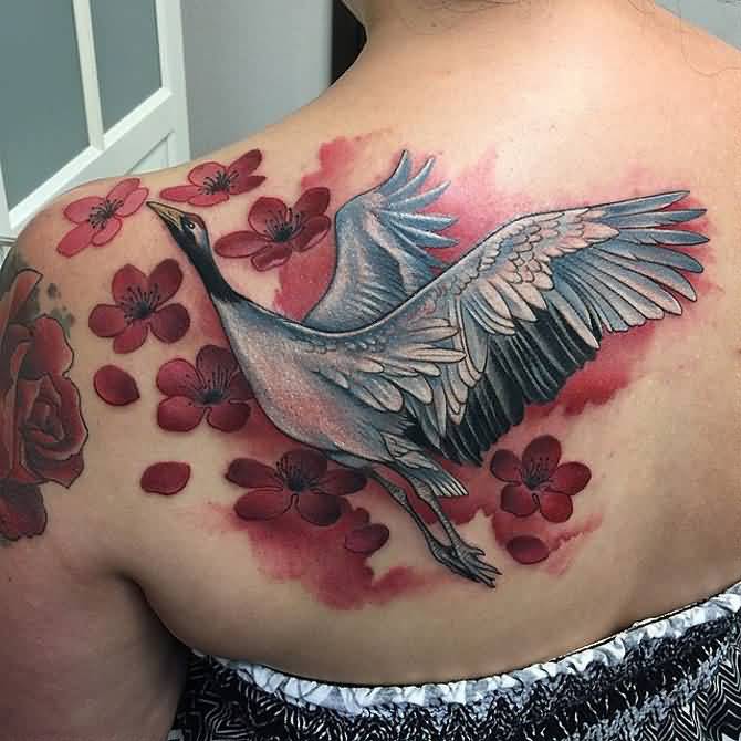 Left Back Shoulder Red Flowers And Crane Tattoo