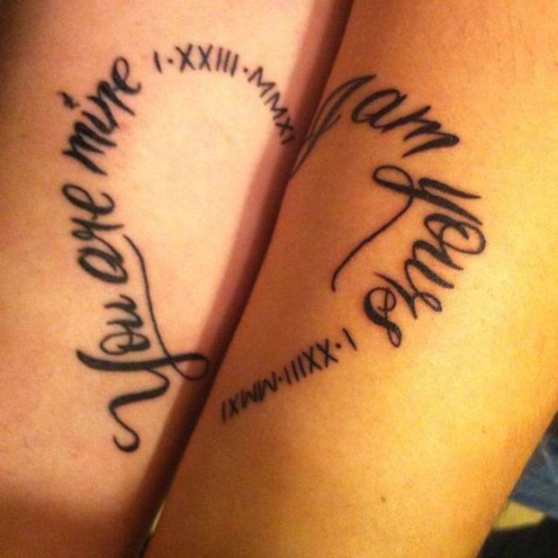 Lettering And Roman Numerals Shape Heart Couple Matching Tattoos