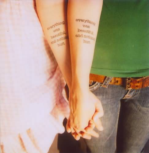 Lettering Matching Couple Tattoos On Forearms