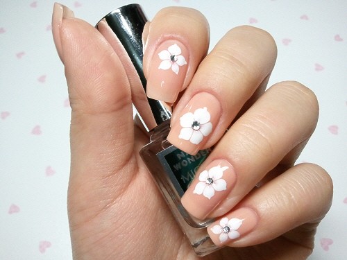 Light Brown Nails With White Acrylic Flowers Wedding Nail Art