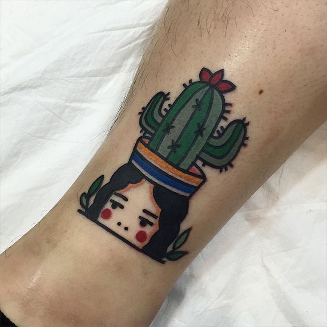 Little Saguaro Cactus Pot On Girl Head Traditional Tattoo