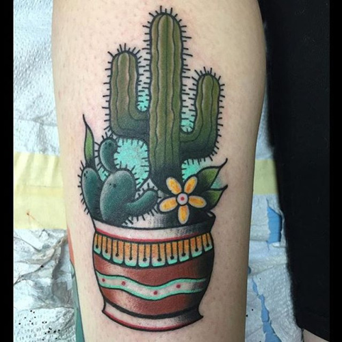 Lovely Cactus In Pot Tattoo On Half Sleeve By Jamietaafetattoo
