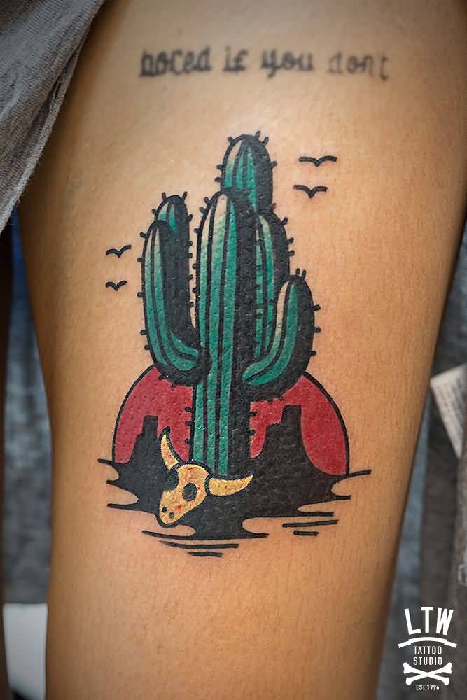 Lovely Cactus With Cow Skull And Sunset Traditional Tattoo On Leg