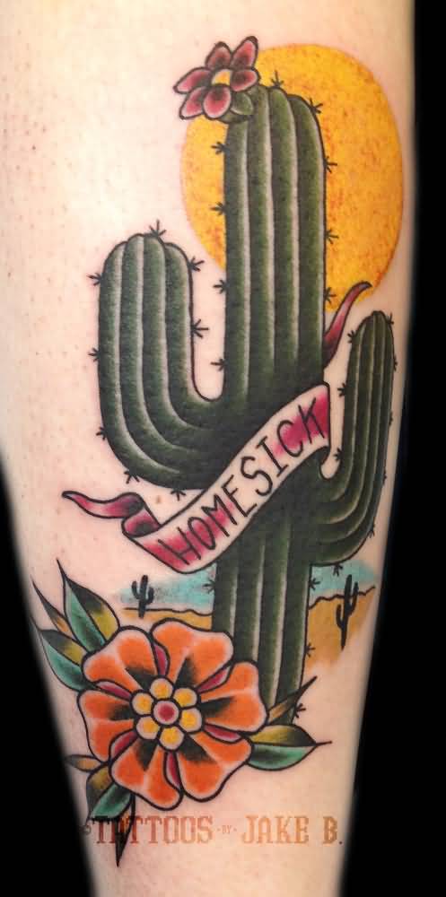 Lovely Cactus With Yellow Color Sun And Banner Traditional Tattoo
