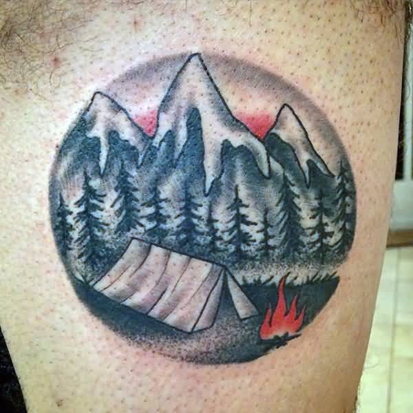 Lovely Camping And Mountains With Trees In Circle Tattoo