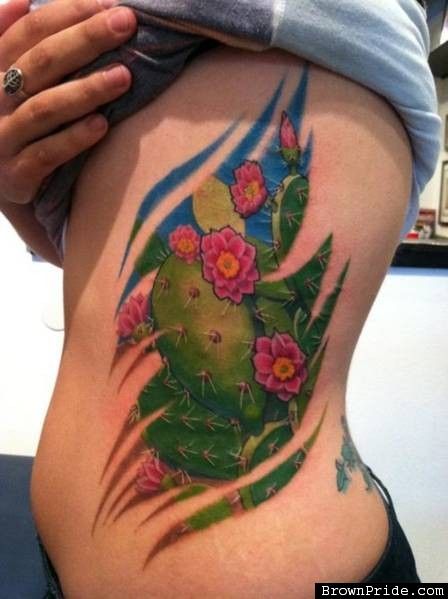 Lovely Colorful Prickly Pear Cactus With Sky Tattoo On Side Rib