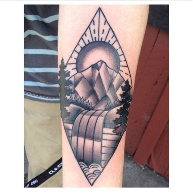 Lovely Geometric Mountains With Sun Tattoo On Forearm By Ryan Osborne