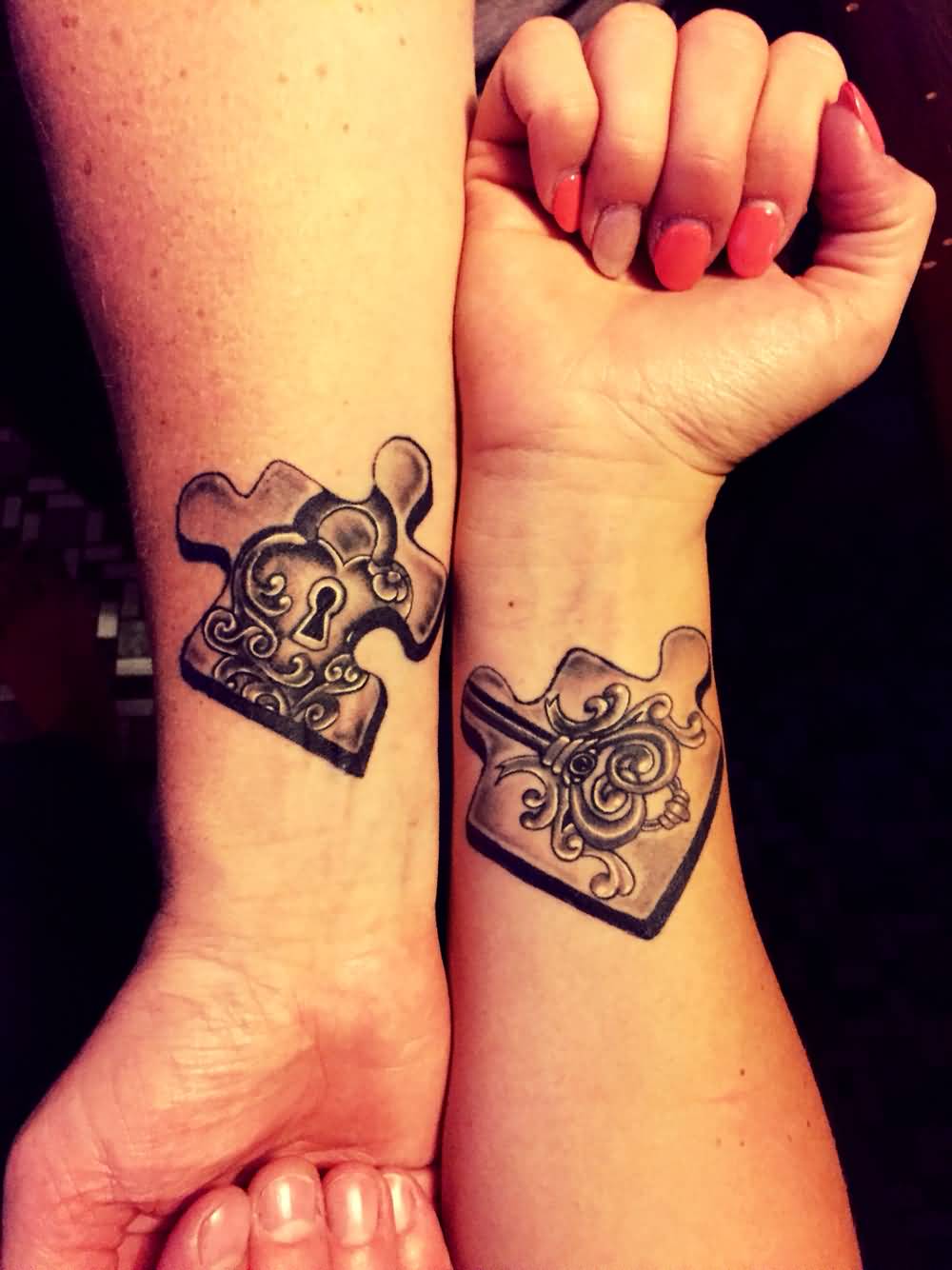 Lovely Lock And Key In Puzzles Matching Tattoo On Wrists