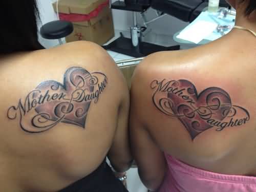 Lovely Mother Daughter And Heart Matching Tattoos On Shoulder