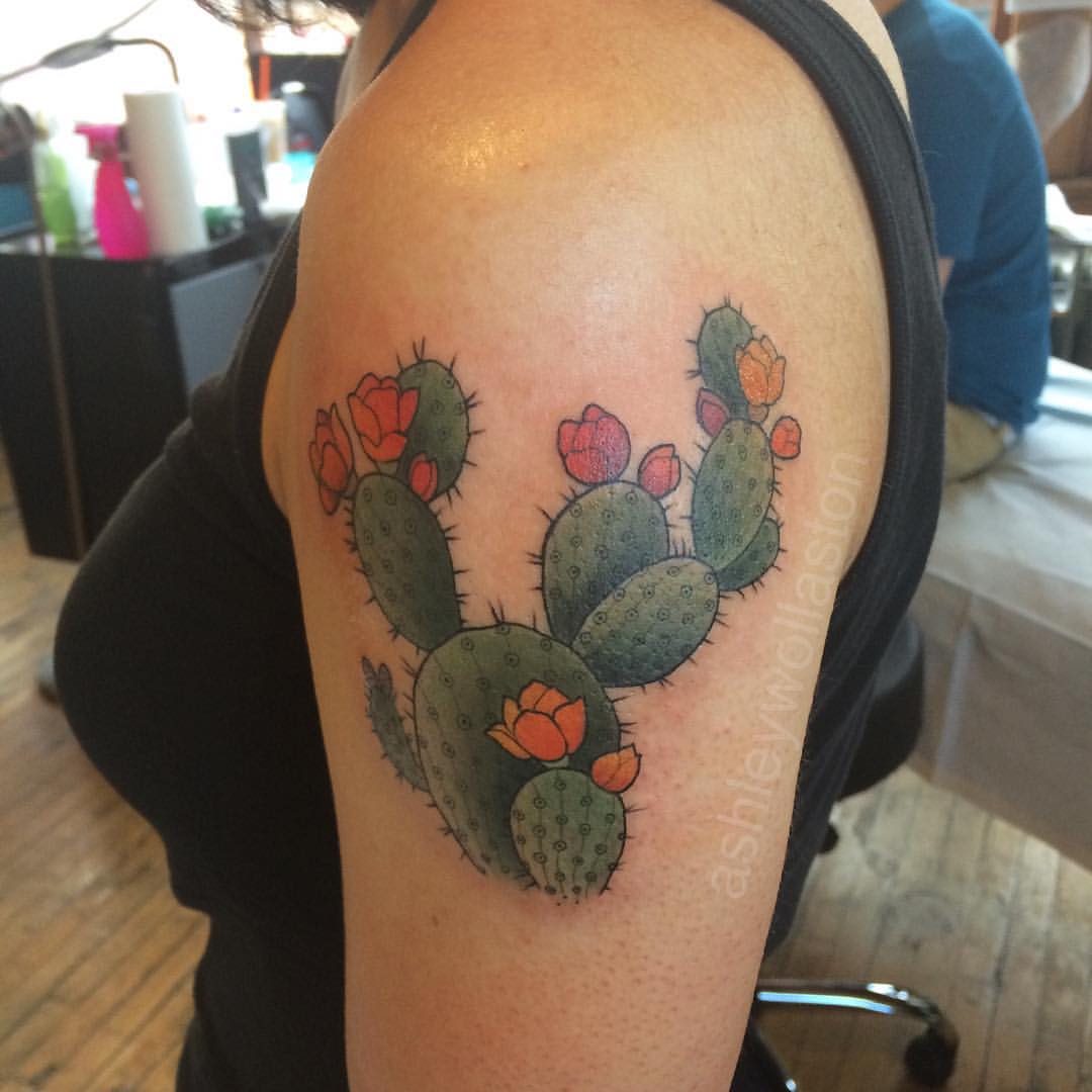 Lovely Prickly Pear Traditional Tattoo On Left Shoulder