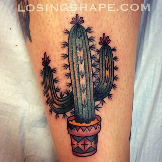 Lovely Traditional Saguaro Cactus In Pot Tattoo