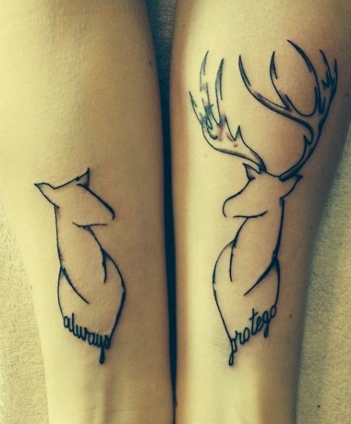 Male And Female Deer Outlines Matching Tattoos On Forearms