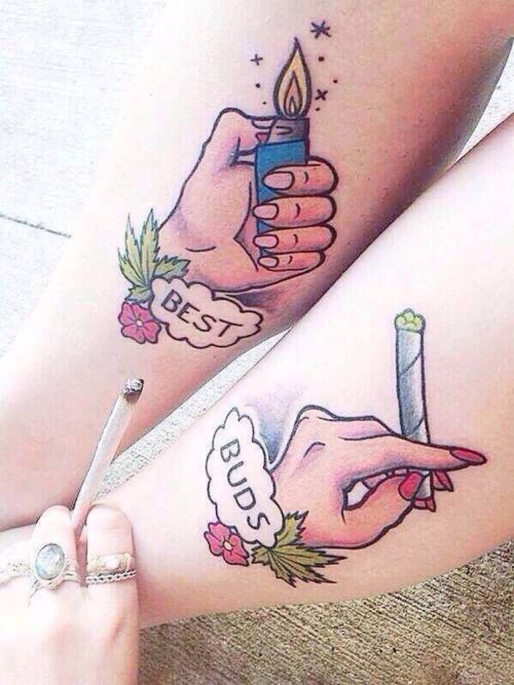 Male And Female Hands Holding Lighter And Cigarette Matching Tattoos