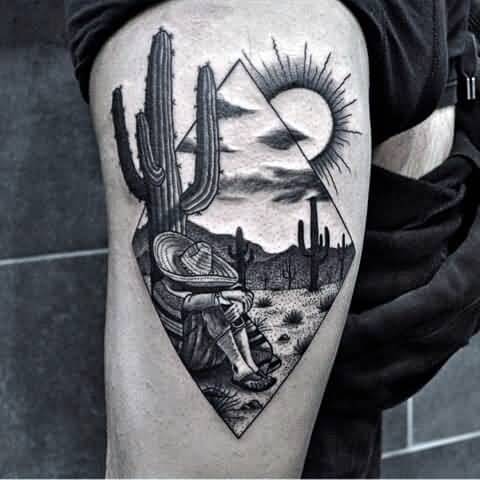 Male With Cactus And Desert Theme In Metric Tattoo