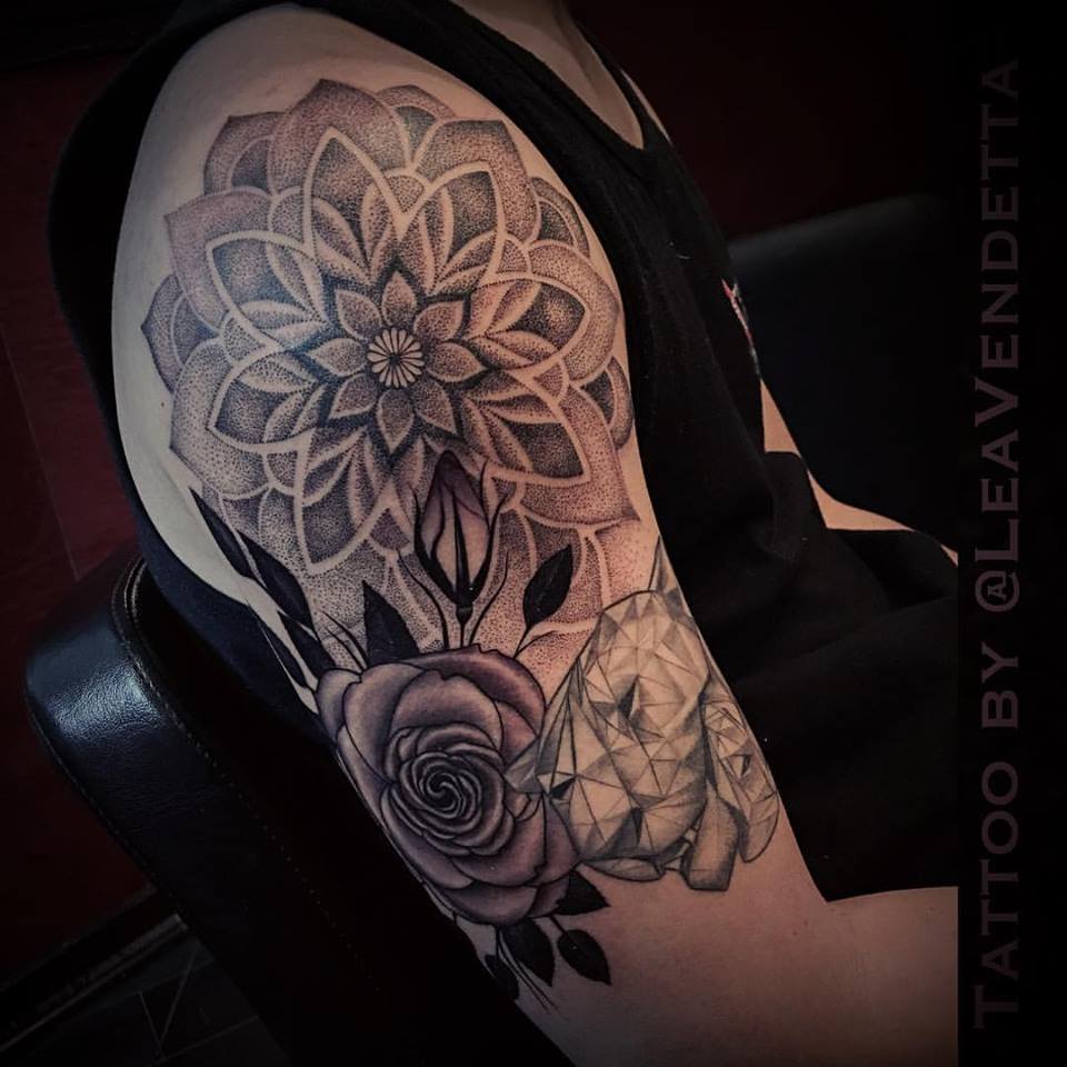 Mandala and Rose tattoo on half sleeve by Lea Vendetta