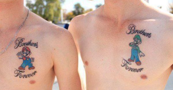 Mario Brothers And Lettering Matching Tattoos On Chest