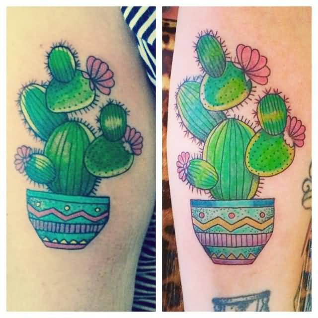 Matching Prickly Pear Cactus  In Pot Tattoo