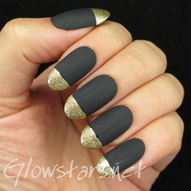 Matte Black And Gold Glitter French Tip Nail Art