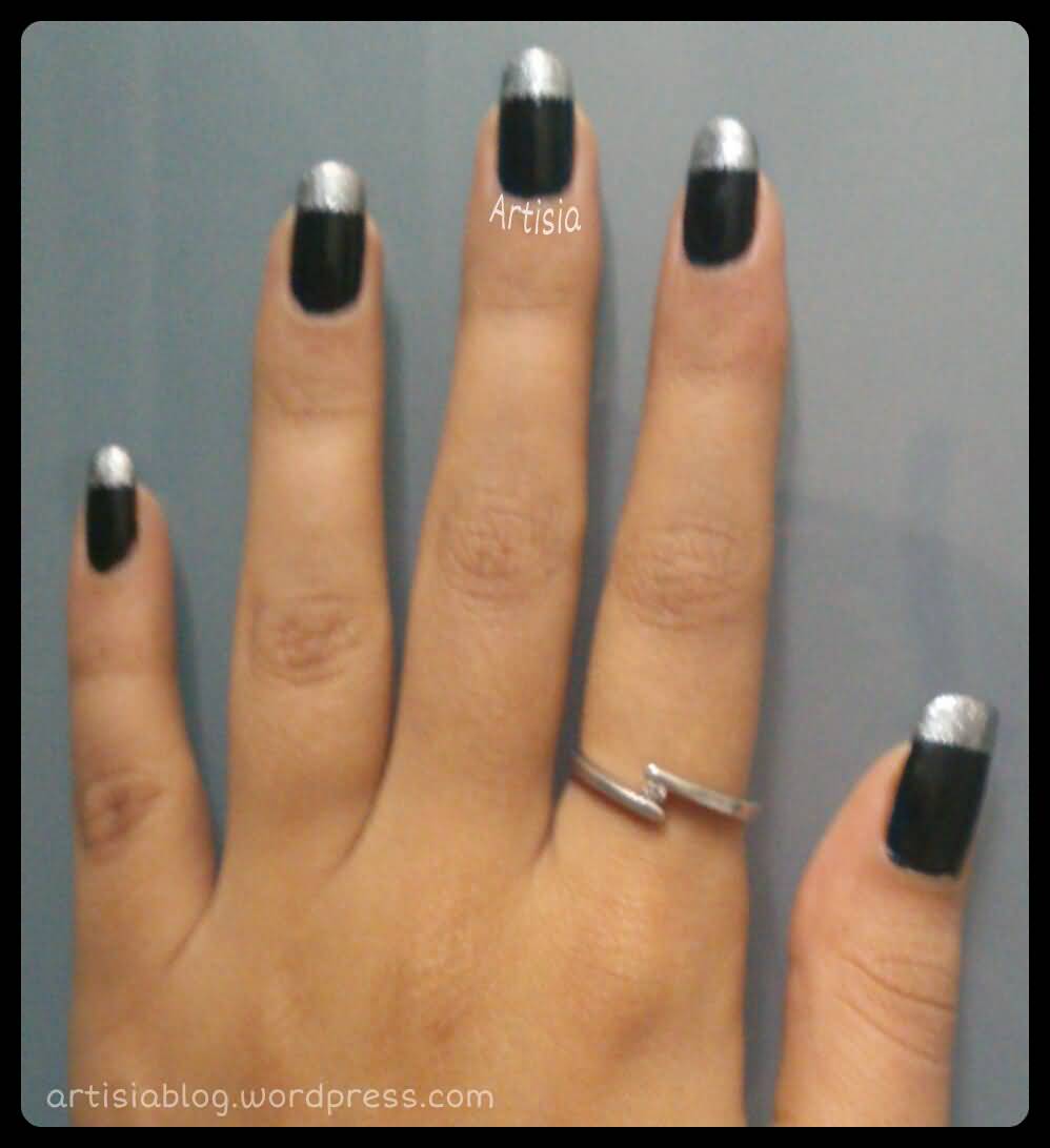 Matte Black And Silver French Tip Nail Art